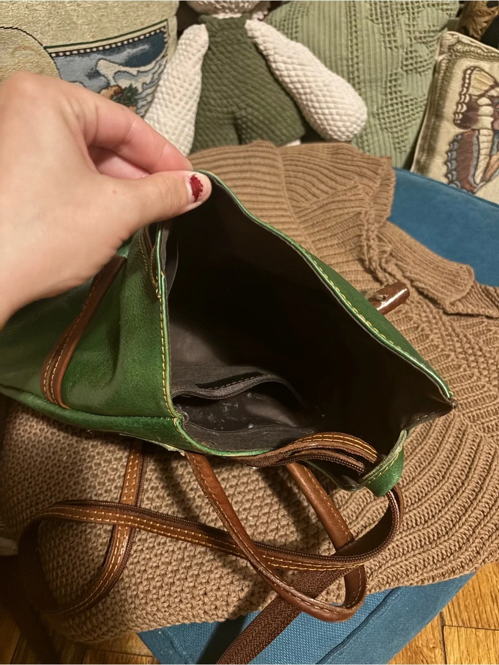 Green Genuine Leather Backpack with Brown Trim